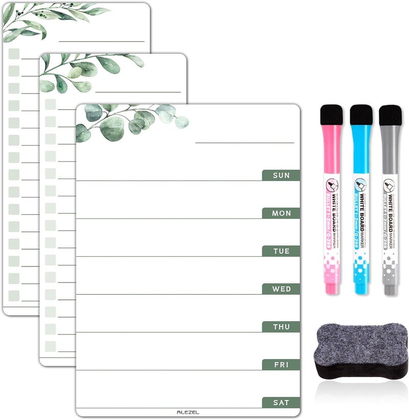 ALEZEL Weekly Calendar Whiteboard for Refrigerator, Magnetic Weekly Planner for Fridge - Set of Greenery Dry Erase Menu Board & 2 to Do List, 3 Markers + Eraser - Image 1
